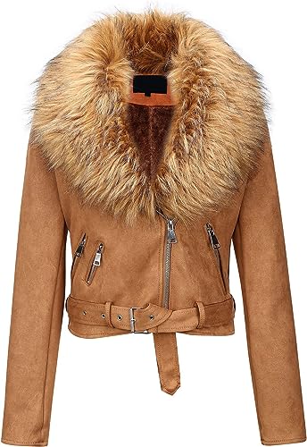 Women Faux Suede Leather Jacket Motorcycle Biker Sherpa-Lined Coat with Detachable Fur Collar
