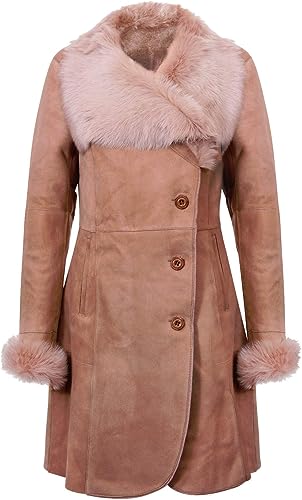 Ladies Warm Beige Suede Merino Shearling Sheepskin Coat with Toscana Collar