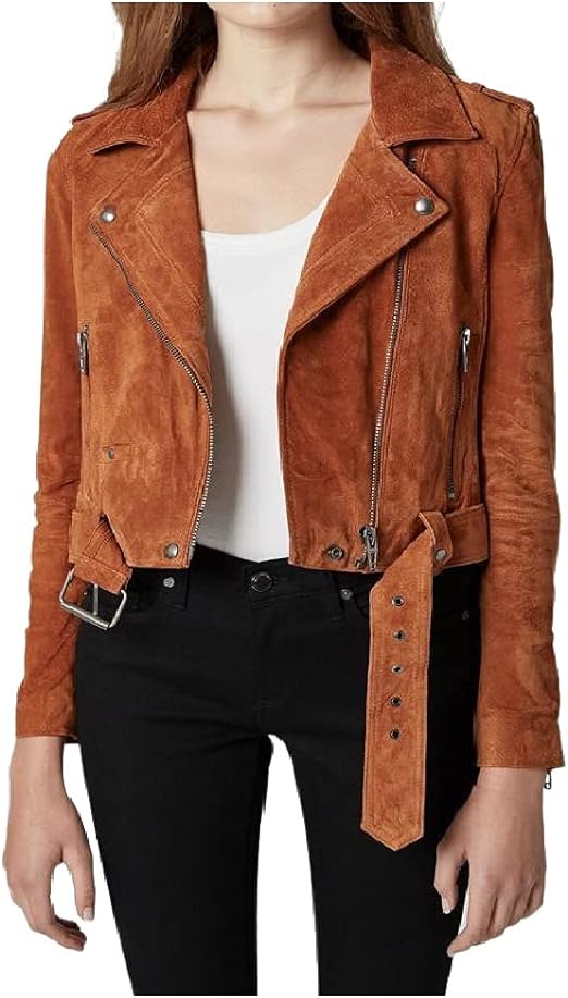 womens Luxury Clothing Cropped Suede Leather Motorcycle Jacket