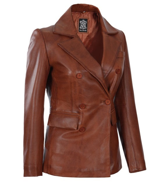 Women's Double-Breasted Cognac Leather Blazer Jacket