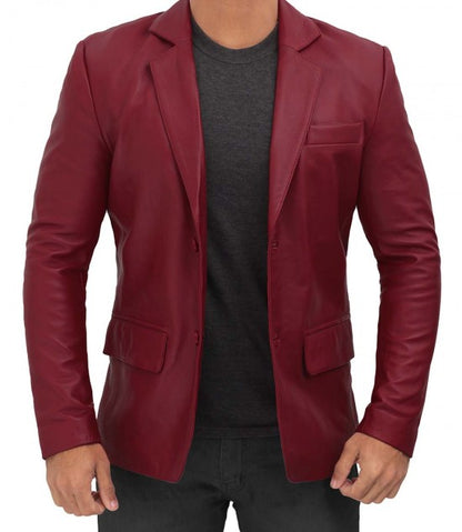 Men's Maroon Genuine Leather Blazer - Formal Jacket