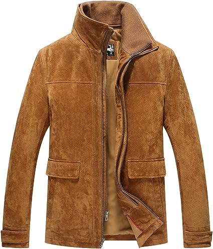 Men's Classic Leather Jacket Suede Winter Coat with Removable Collar