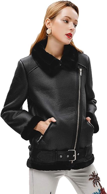 Women's Faux Leather Lambs Leather Jacket Moto Biker Short Coat