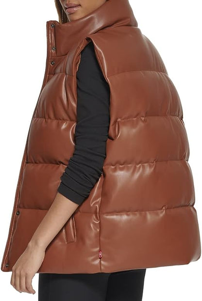 Women's Plus Size Vegan Leather Puffer Vest
