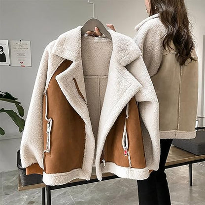 Women's Teddy Coat Casual Comfortable Short Lambswool Biker Jacket Faux Fur Coat