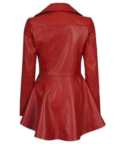 Womens Biker Style Red Premium Leather Peplum Jacket