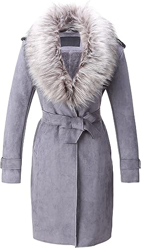 Women Faux Leather Trench Coat Fleece-Lined Mid-length Jacket
