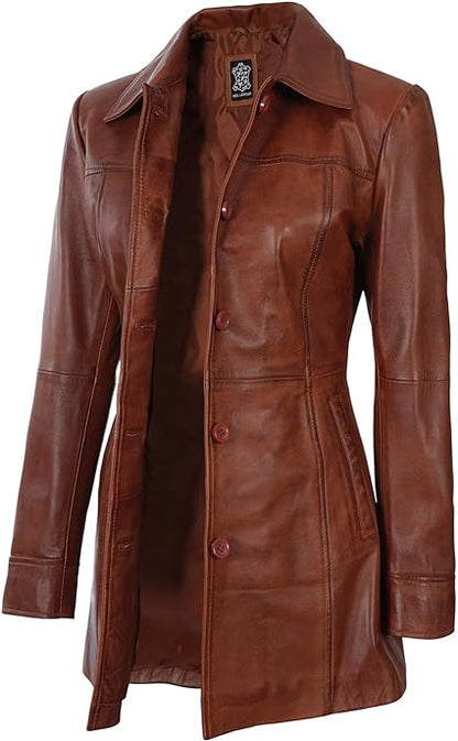 Womens Leather Jacket - Vintage Style Long Leather Jacket Women