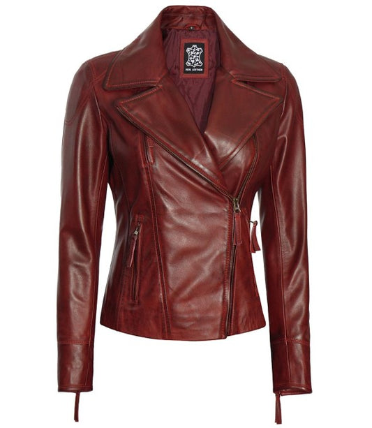 Womens Maroon Asymmetrical Waxed Biker Leather Jacket