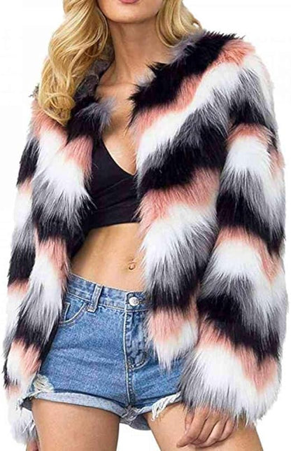 Women Multicolor Winter Long Sleeve Faux Fur Coat
