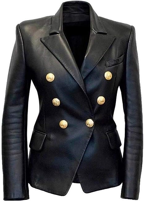 Womens Kim Kardashian Black Double Breasted Slim Fit Real Leather Jacket Blazer