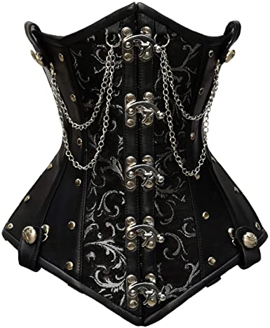 Goel Silver Brocade & Faux Leather Underbust Corset With Chain Details