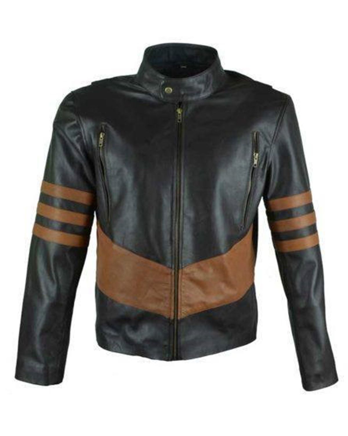 Men's Black Cafe Racer With Brown Stripes Leather Jacket by SCIN