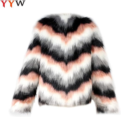 Women Multicolor Winter Long Sleeve Faux Fur Coat