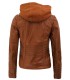 Womens Cognac Leather Jacket With Removable Hood