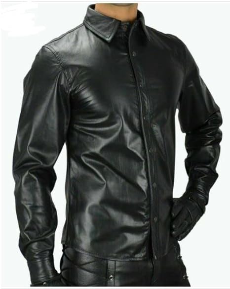 Men Real Soft Black Leather Casual Full Sleeve Collared Shirt