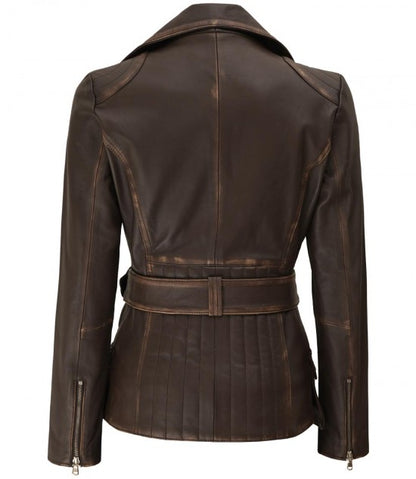Womens Asymmetrical Distressed Brown Belted Leather Jacket