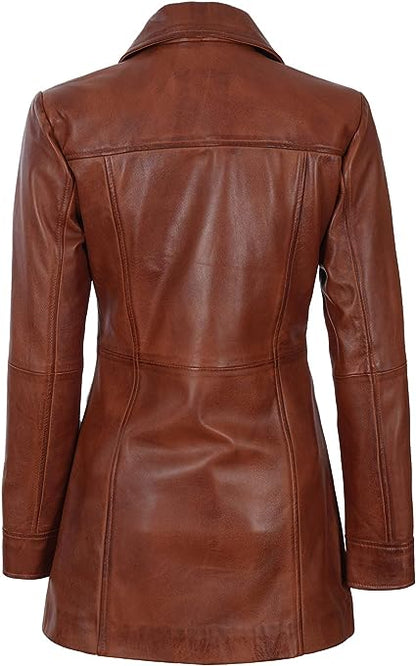 Womens Leather Jacket - Vintage Style Long Leather Jacket Women