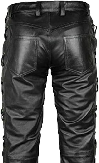 Men's Cowhide Leather Pants Side Laced Up Bikers Jeans Pants