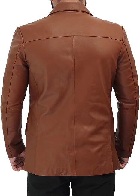 Men - Classic Button Closure with Lambskin Mens Brown & Black Leather Blazer