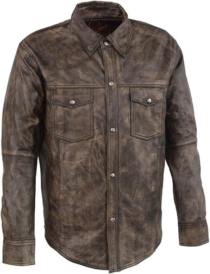 Men's 'Button Down' Distressed Grey Lightweight Leather Shirt