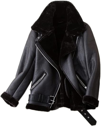 Women's Faux Shearing Moto Jacket Thick Lined Parka Winter Shearling Coat Leather Jacket