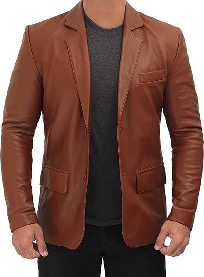 Men - Classic Button Closure with Lambskin Mens Brown & Black Leather Blazer