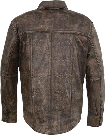 Men's 'Button Down' Distressed Grey Lightweight Leather Shirt