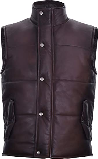 Men's Puffer Leather Vest In Maroon