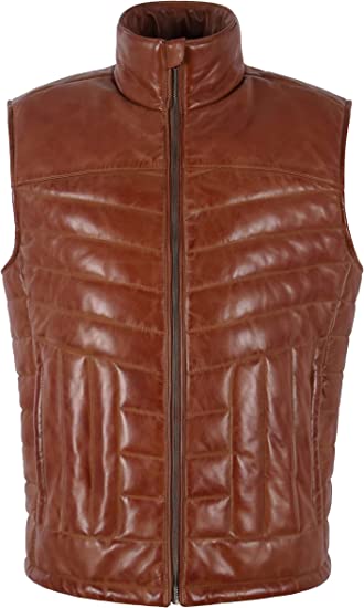 Men's Quilted Puffer Leather Vest In Brown