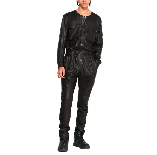 Men's Cargo Style Leather Jumpsuit In Black