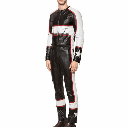 Men's Distressed Leather Racing Jumpsuit In Black