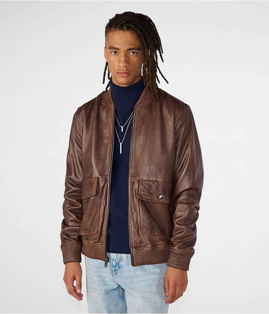 Men's Harrington Leather Bomber Jacket In Dark Brown