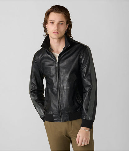 Men's Leather Bomber Jacket In Classic Black With Stripes