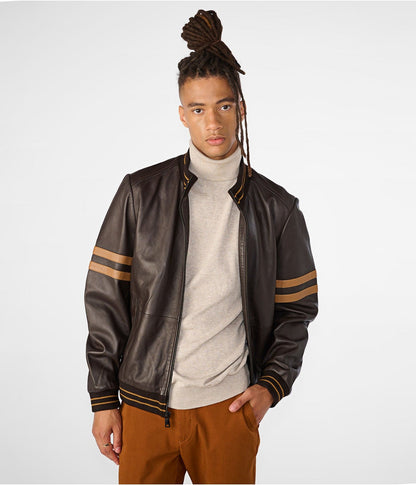 Men's Leather Bomber Jacket In Dark Brown With Stripes