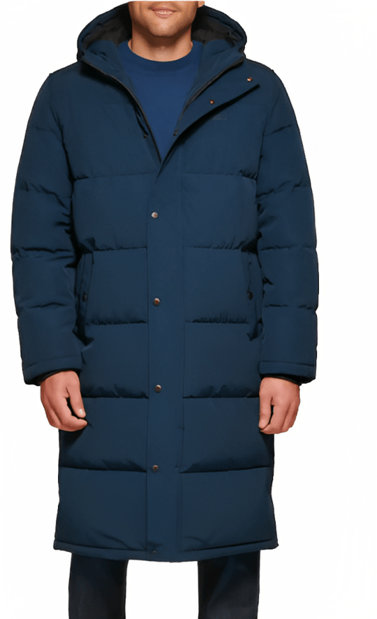 Men's Trench Puffer Coat In Navy Blue With Hood