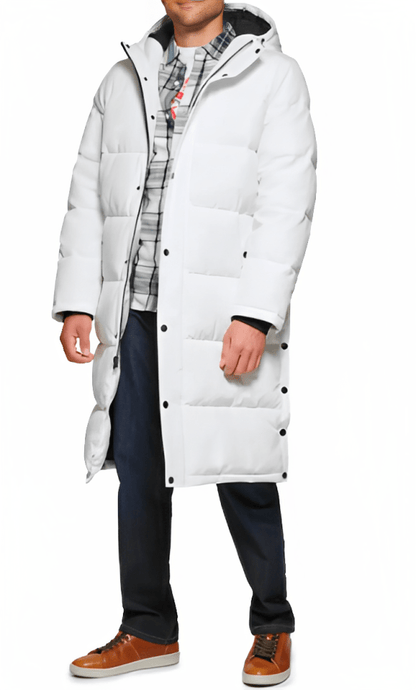 Men's Trench Puffer Coat In White With Hood