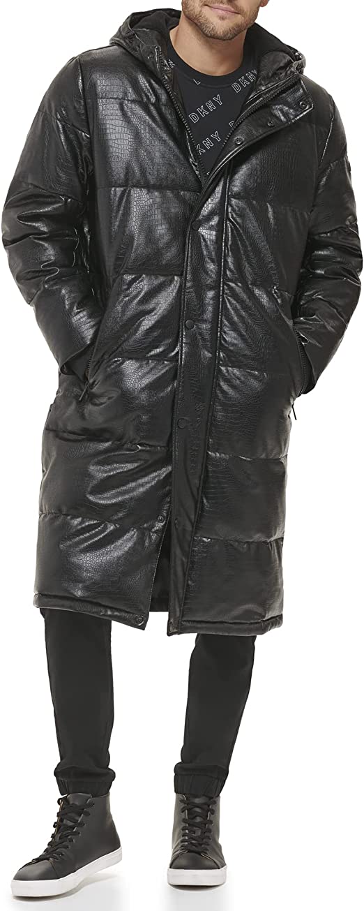 Men's Trench Puffer Leather Coat In Black With Snakeskin Texture