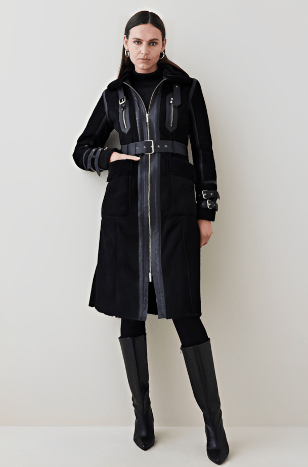 Women's Black Suede Leather Shearling Coat