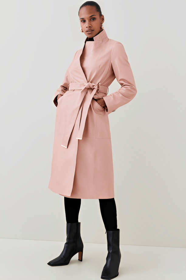 Women's Leather Trench Coat In Tea Pink