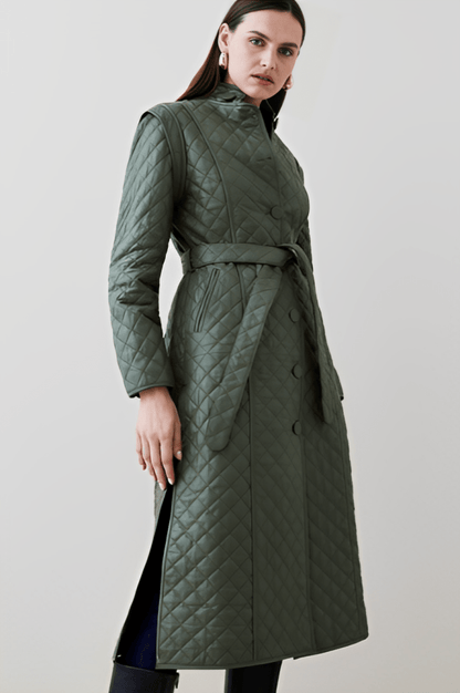 Women's Quilted Leather Trench Coat In Olive