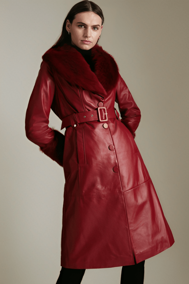 Women's Shearling Leather Coat In Red With Fur Collar