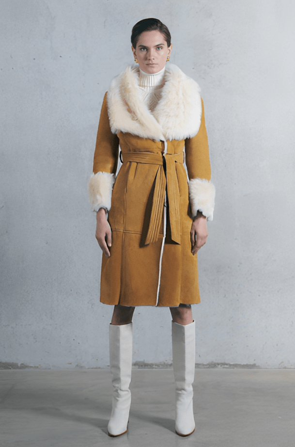 Women's Suede Leather Shearling Coat In Tan Brown