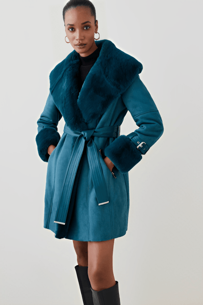 Women's Suede Leather Shearling Coat In Royal Blue