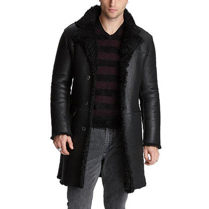 Mens Black Leather Faux Shearling Coat