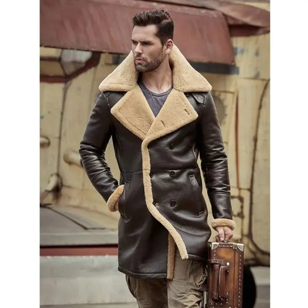 Men's Shearling Leather Coat In Dark Brown