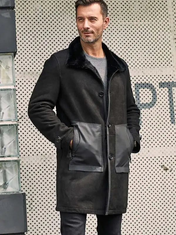 Men's Suede Leather Shearling Coat In Black
