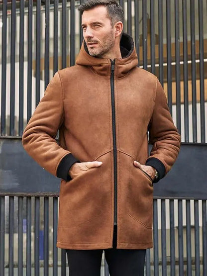 Men's Leather Shearling Coat In Brown With Hood