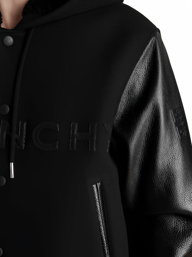 Men's Varsity Bomber Leather Jacket In Black With Hood