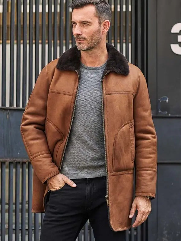 Men's Leather Shearling Coat In Brown